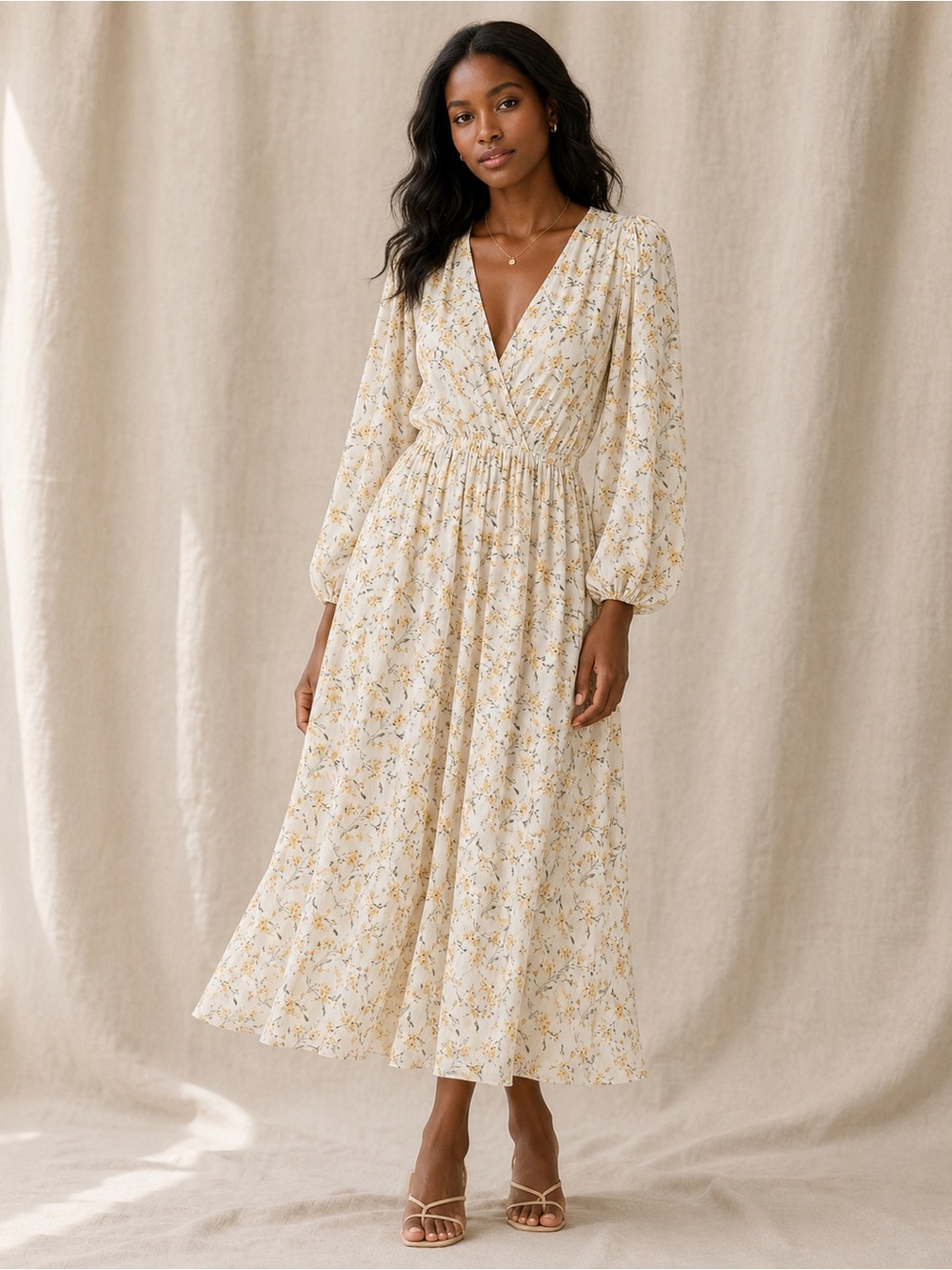 NA-KD Floral Wrap Maxi Dress in Cream and Mustard - Picture 6 of 8